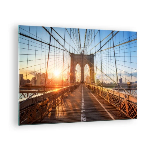 Glastavla - Bild på glas - Solnedgången på Brooklynbron i New York - 70x50cm - På guldbron - Modern väggdekoration för vardagsrum och sovrum ARTTOR