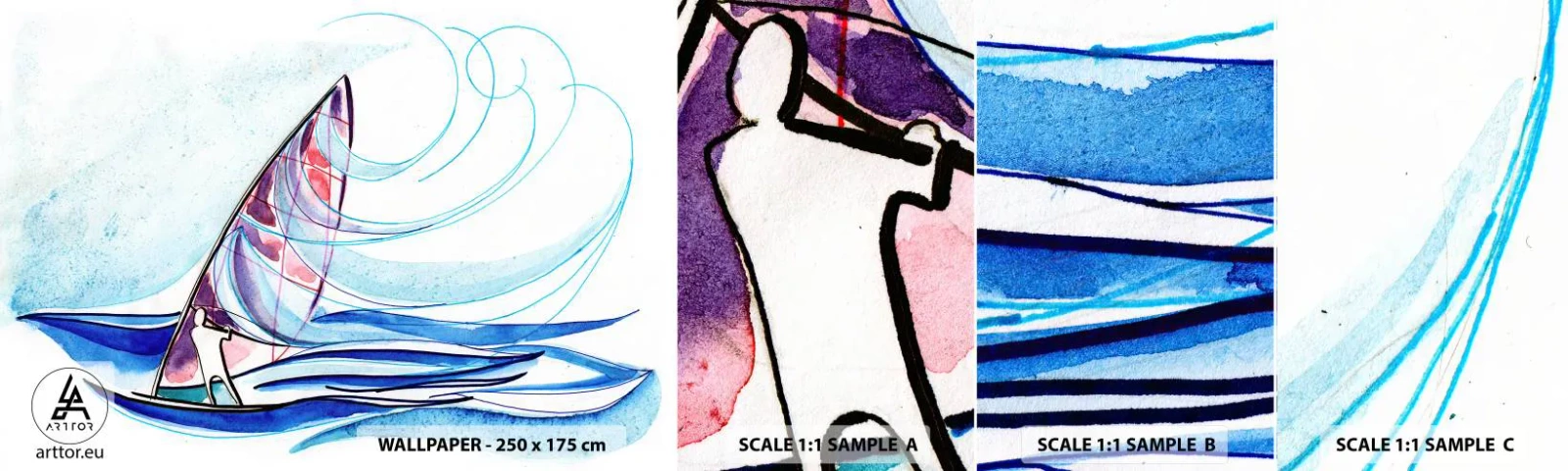 Provbit av självhäftande fototapet Deluxe Sticker - Med vinden i vågornas rytm - Vindsurfing, Sport, Hav - 100x30 cm