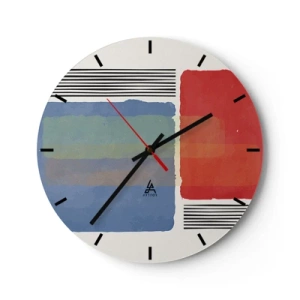 Väggklocka - Klocka på glas - Färgglada abstrakta rektanglar och linjer på en ljus bakgrund - 30x30cm - Geometrins anda  - Modern väggdekoration för vardagsrum, kök och sovrum ARTTOR