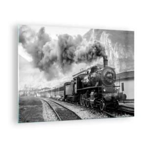 Glastavla - Bild på glas - Ett gammalt ånglok i ett bergslandskap - 70x50cm - Det står ett lok på stationen... - Modern väggdekoration för vardagsrum och sovrum ARTTOR