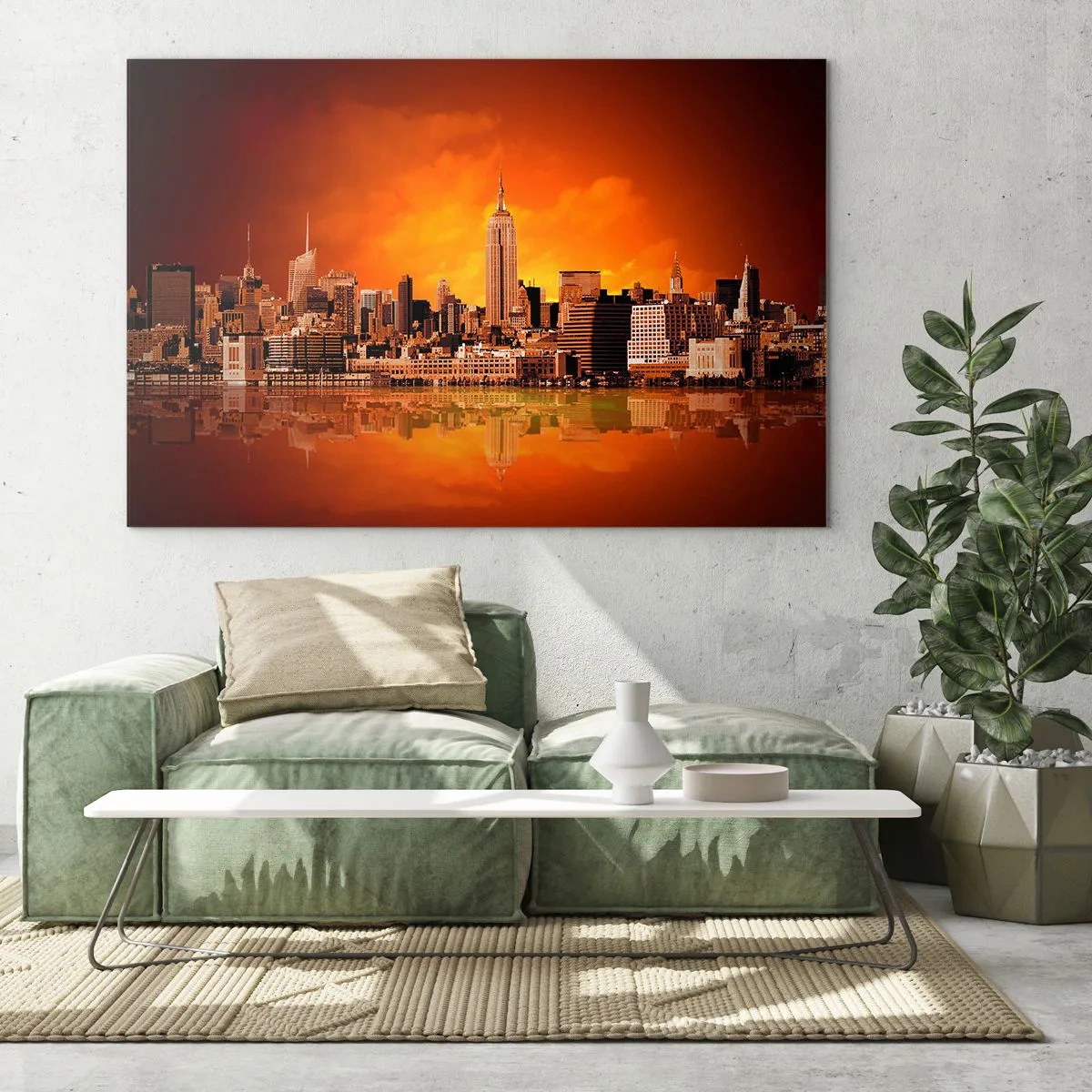 Glastavla - Bild på glas - Panorama över staden vid solnedgången - 70x50cm - Stostadspanorama i gul och brunt - Modern väggdekoration för vardagsrum och sovrum ARTTOR