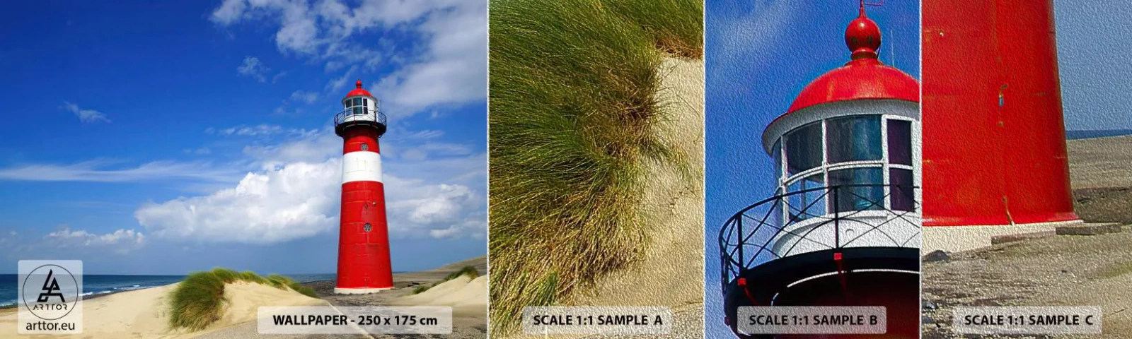 Provbit av fototapet Premium Sand - Drömasyl - Landskap, Fyr, Nederländerna - 100x30 cm