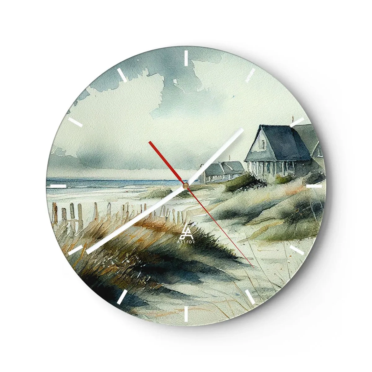 Väggklocka - Klocka på glas - Hus i akvarellstil på en lugn havsstrand - 30x30cm - Borta från liv och rörelse - Modern väggdekoration för vardagsrum, kök och sovrum ARTTOR