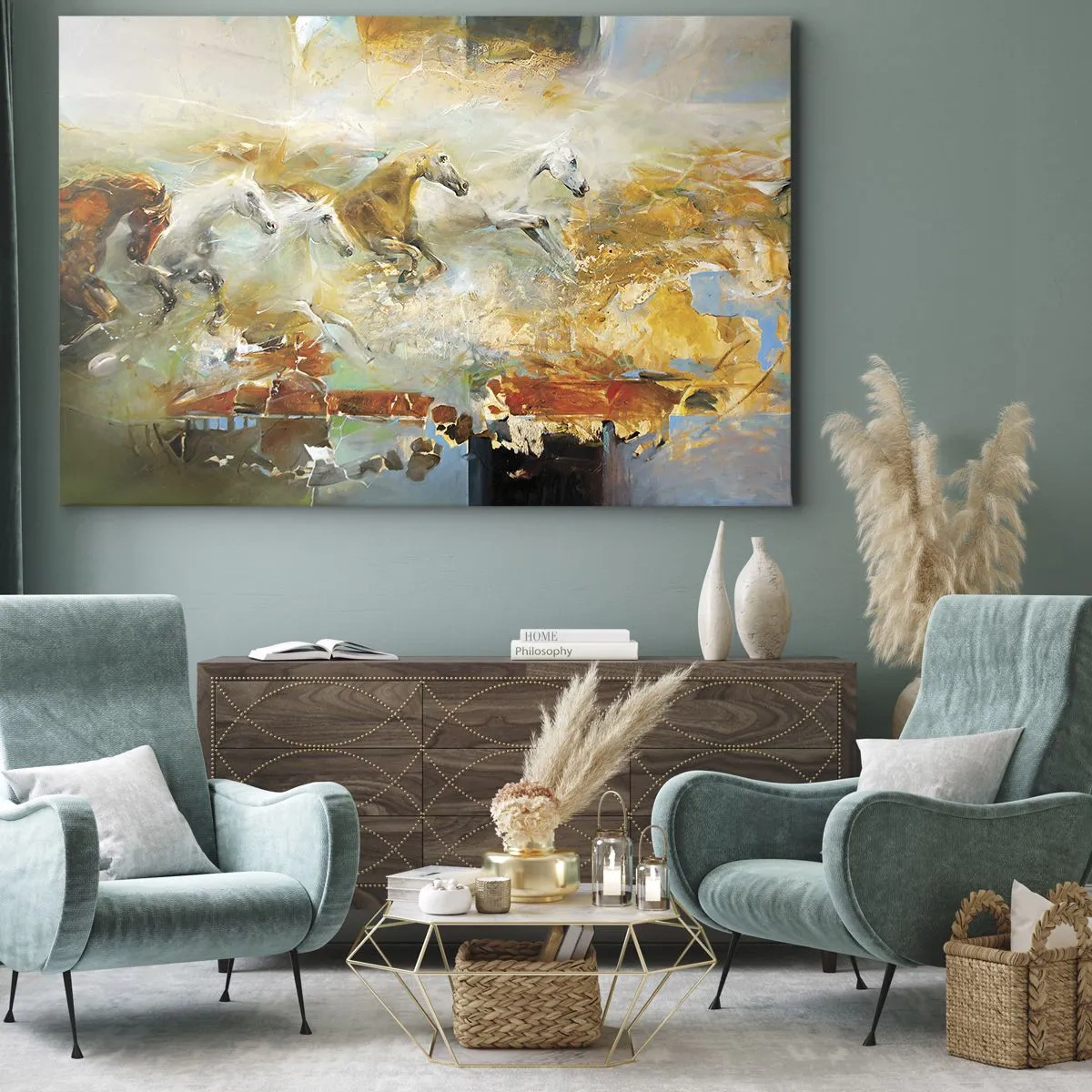 Canvastavla - Bild på duk - Konstnärliga hästar i en dynamisk och färgstark miljö - 70x50cm - Galopp genom ljuset - Modern väggdekoration för vardagsrum och sovrum ARTTOR