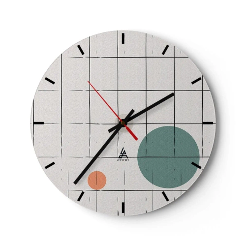 Väggklocka - Klocka på glas - Ett rutnät av vertikaler och horisontella linjer med färgade cirklar i bakgrunden - 30x30cm - Fångade. Vi eller de? - Modern väggdekoration för vardagsrum, kök och sovrum ARTTOR