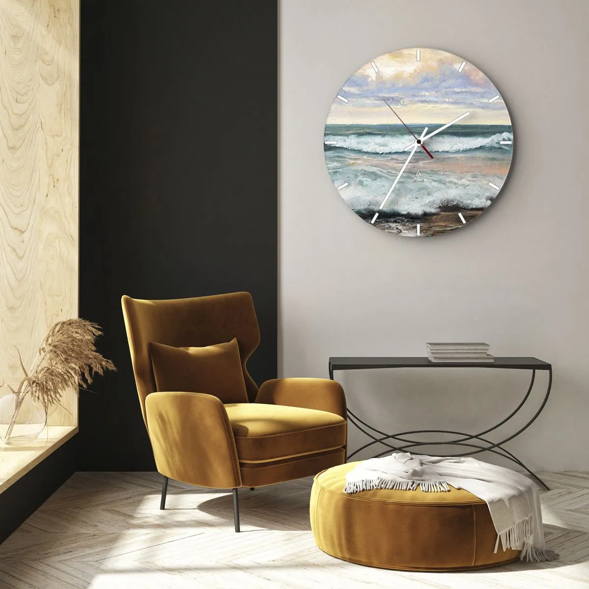 Väggklocka - Klocka på glas - Havsvågor mot en pastellfärgad himmel i målerisk stil - 30x30cm - Här kan du släta ut din själ - Modern väggdekoration för vardagsrum, kök och sovrum ARTTOR