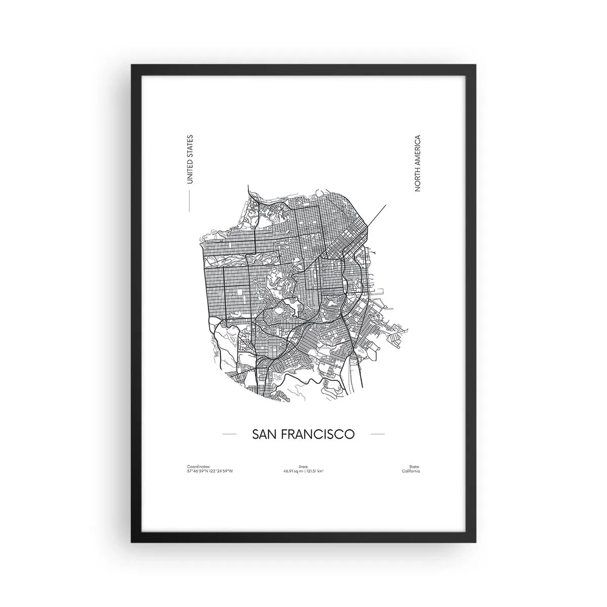Affisch i svart ram - En minimalistisk karta över San Francisco i svartvitt. - 50x70cm - San Franciscos anatomi - Modern väggdekoration för vardagsrum och sovrum ARTTOR