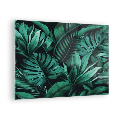 Glastavla - Bild på glas - Frodiga gröna blad i en tropisk komposition - 70x50cm - Tropiska grönskans djup - Modern väggdekoration för vardagsrum och sovrum ARTTOR