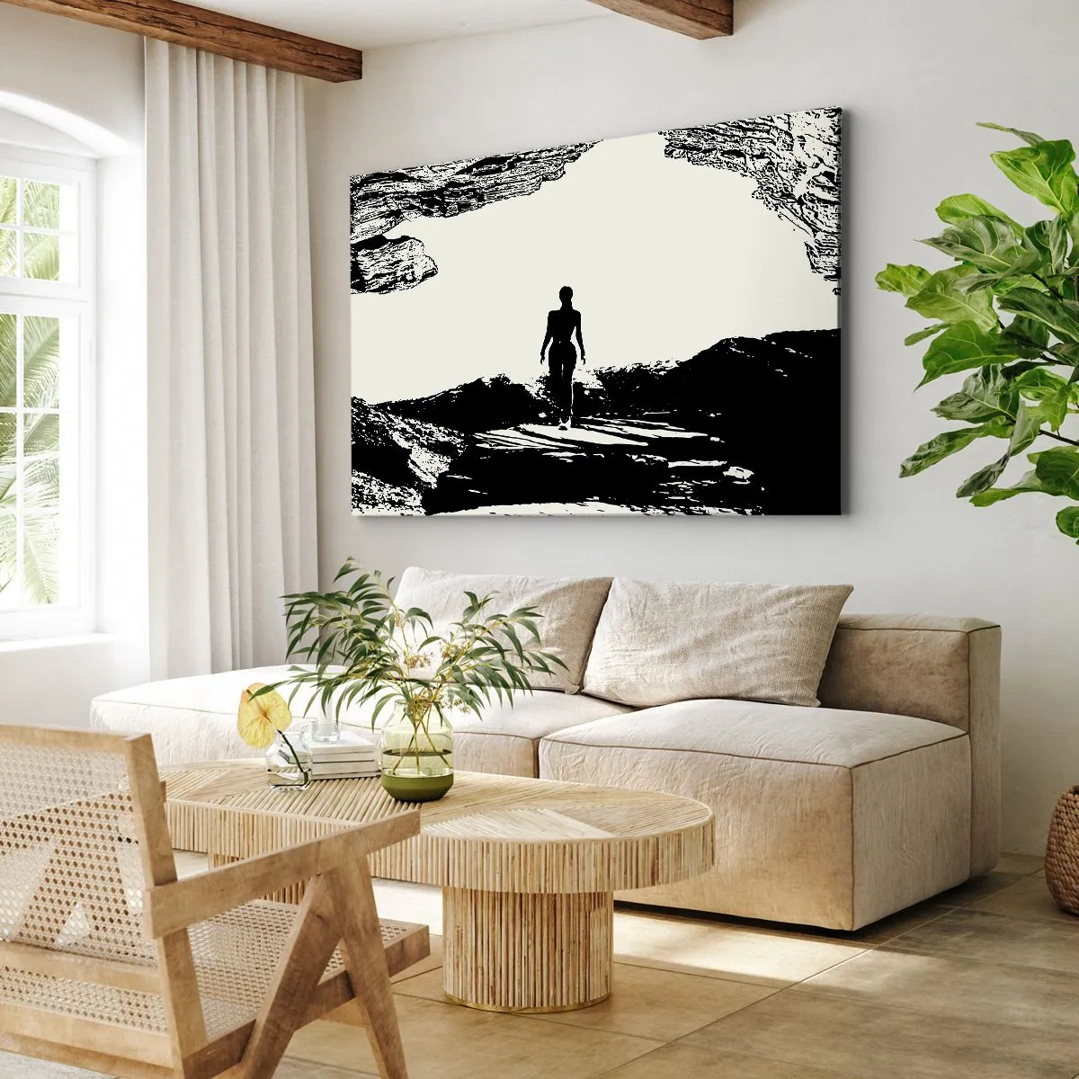Canvastavla - Bild på duk - Svartvit silhuett av en kvinna i en grotta mot himlen - 70x50cm - En ny blick - Modern väggdekoration för vardagsrum och sovrum ARTTOR