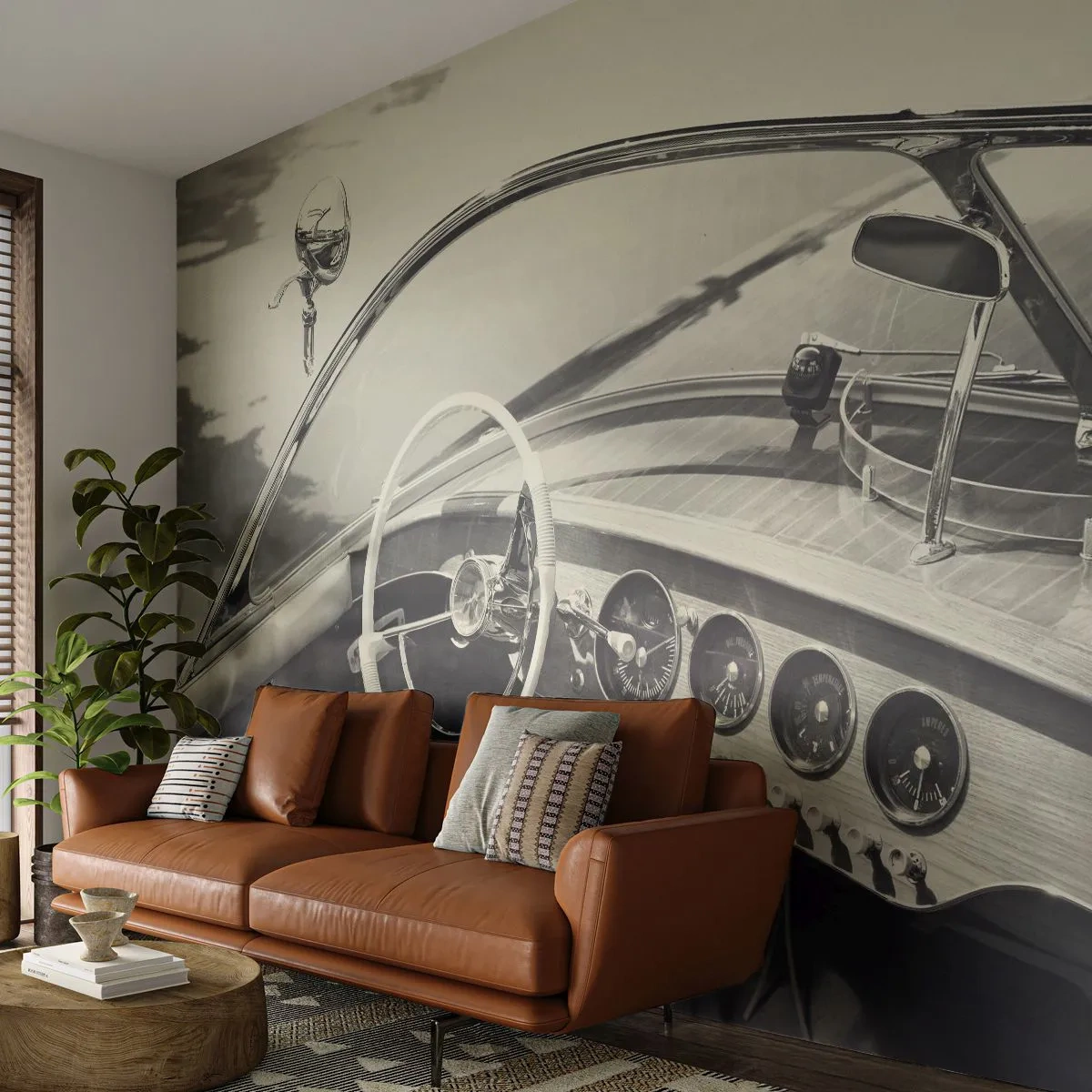 Självhäftande Fototapet Deluxe Sticker - Väder för de rika - Vintage båt, Motorbåt, Svartvitt - 250x175 cm