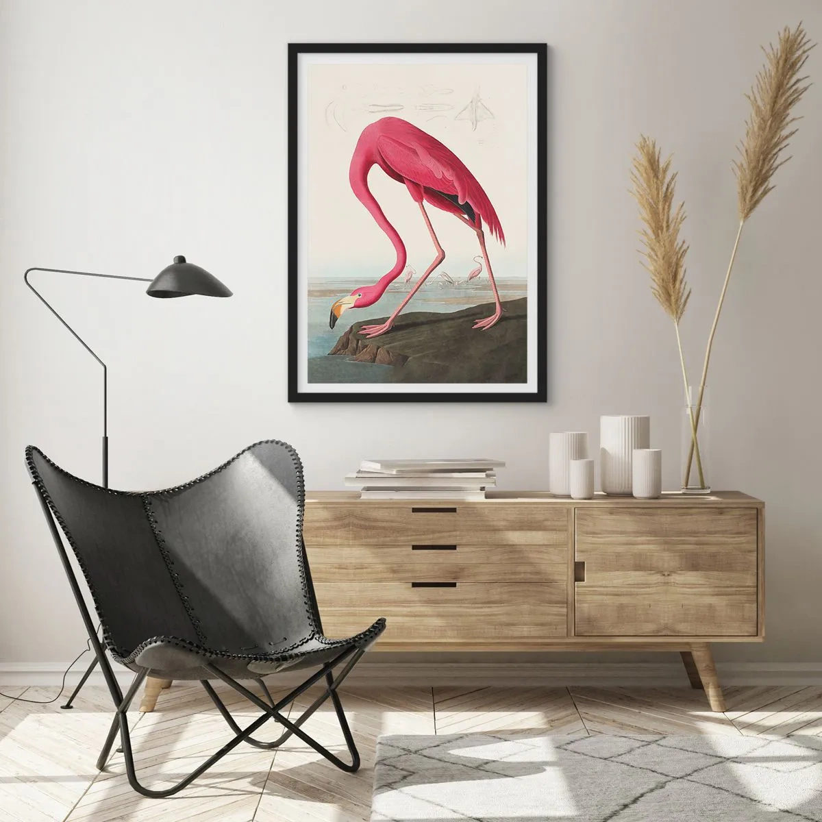 Affisch i svart ram - En rosa flamingo mot ett naturligt landskap - 50x70cm - Underlig varelse - Modern väggdekoration för vardagsrum och sovrum ARTTOR