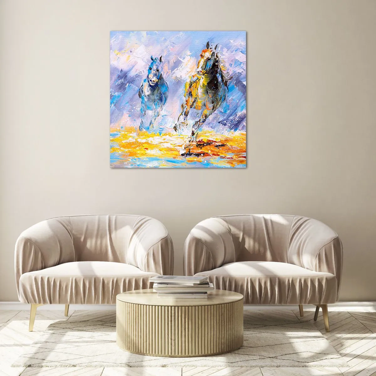 Glastavla - Bild på glas - Galopp genom skenet - 50x50 cm