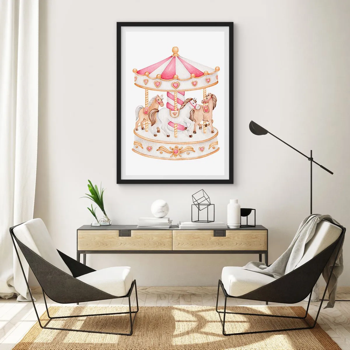 Affisch i svart ram - Akvarellkarusell i pastellrosa nyanser - 50x70cm - Barndomens ljuva värld - Modern väggdekoration för vardagsrum och sovrum ARTTOR