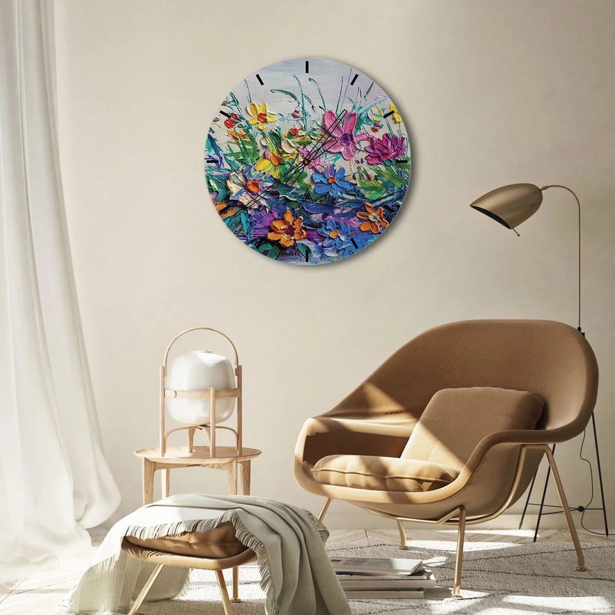 Väggklocka - Klocka på glas - Ett färgglatt blomsterlandskap i impastoteknik - 30x30cm - Icke stilleben - Modern väggdekoration för vardagsrum, kök och sovrum ARTTOR