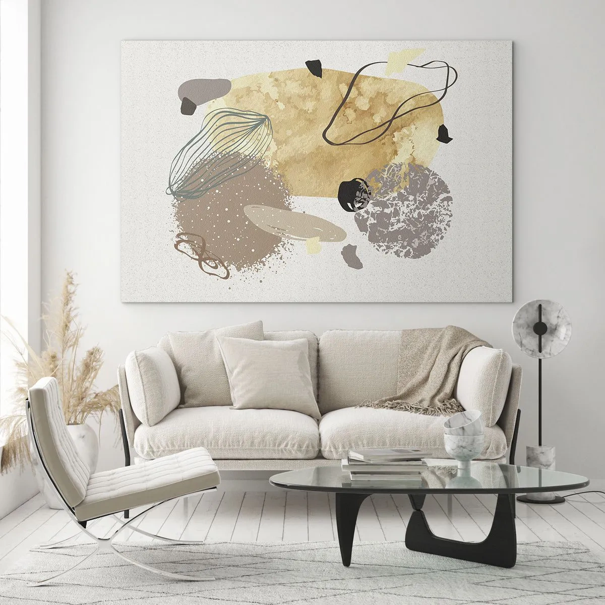 Glastavla - Bild på glas - Beige och brun abstraktion med oregelbundna former - 70x50cm - Olika former - Modern väggdekoration för vardagsrum och sovrum ARTTOR