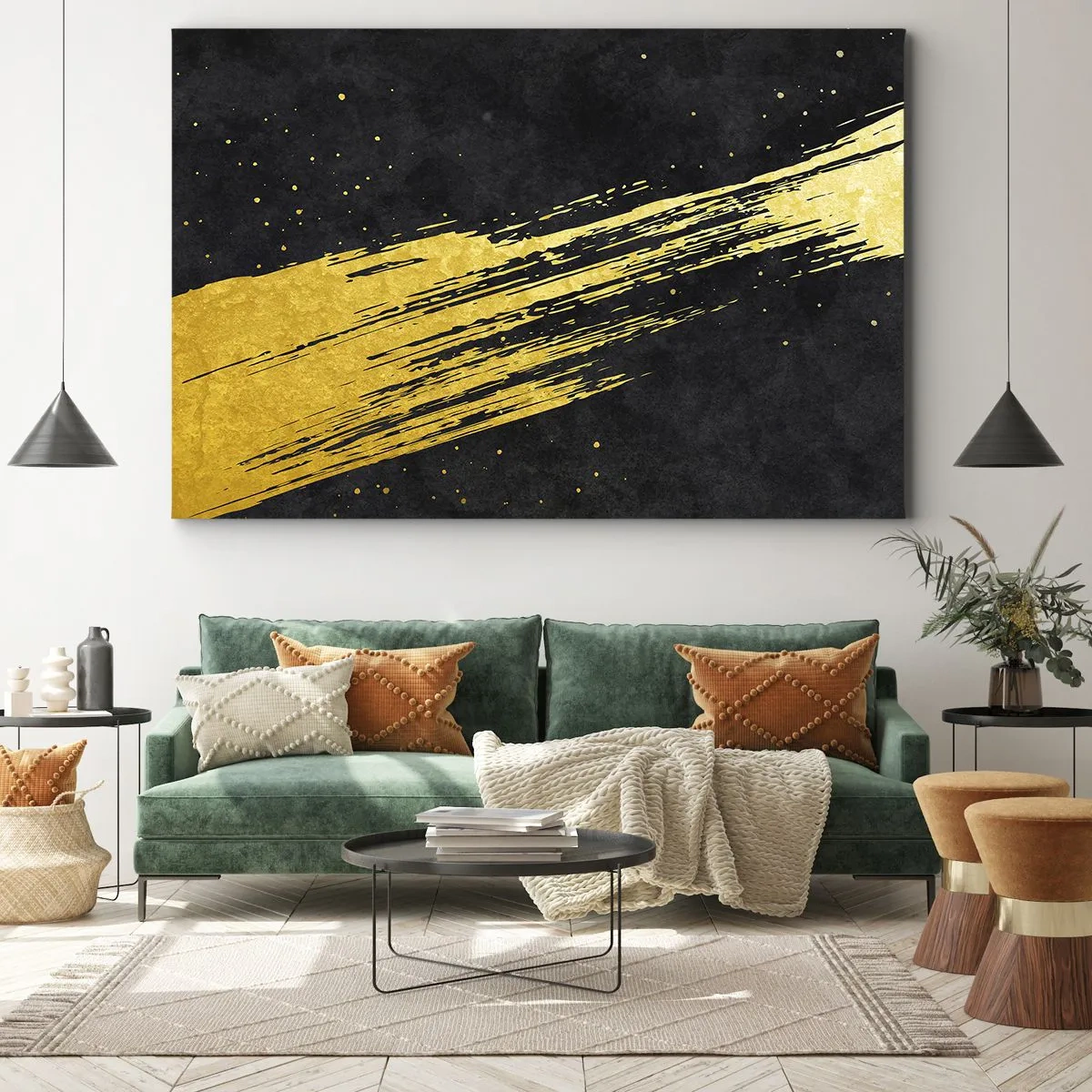 Canvastavla - Bild på duk - Svart bakgrund med dynamiska guldfärgade penseldrag - 70x50cm - Hoppa in i hyperrymden - Modern väggdekoration för vardagsrum och sovrum ARTTOR