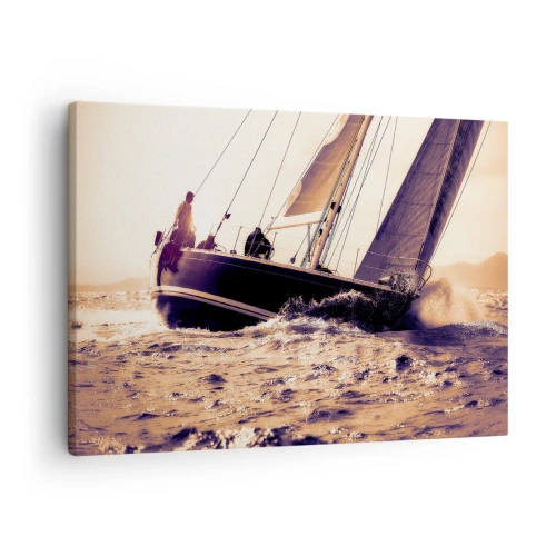 Canvastavla - Bild på duk - En yacht på ett stormigt hav i ljuset av den nedgående solen - 70x50cm - Segla seglaren - Modern väggdekoration för vardagsrum och sovrum ARTTOR