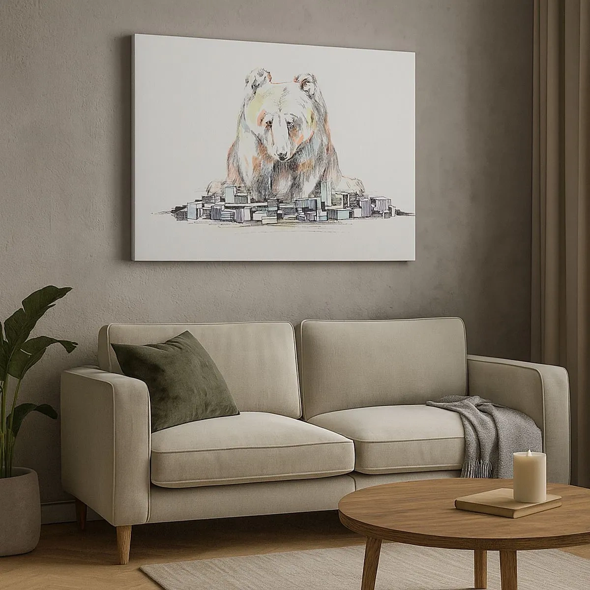 Canvastavla - Bild på duk - Illustration av en björn med färgglada detaljer och block - 70x50cm - Hur kan man leva på det viset? - Modern väggdekoration för vardagsrum och sovrum ARTTOR