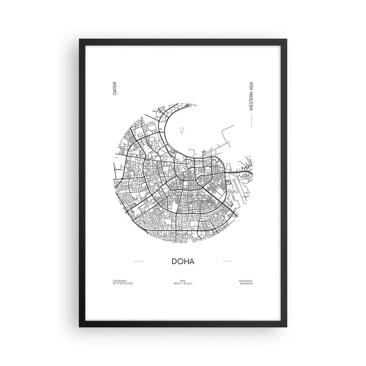 Affisch i svart ram - En minimalistisk svartvit karta över Doha - 50x70cm - Dohas anatomi - Modern väggdekoration för vardagsrum och sovrum ARTTOR