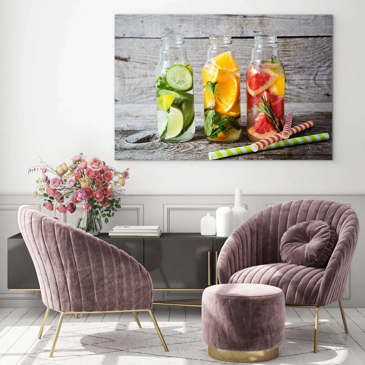 Glastavla - Bild på glas - Flaskor med fruktvatten och örter på en träbakgrund - 70x50cm - Hälsa ur naturen - Modern väggdekoration för vardagsrum och sovrum ARTTOR