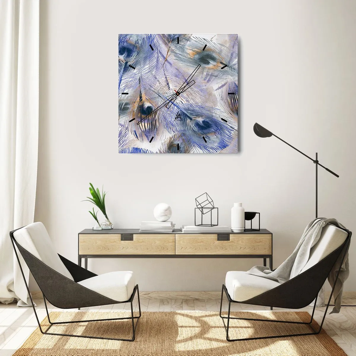 Väggklocka - Klocka på glas - Komposition med påfågelsfjädrar - 40x40 cm