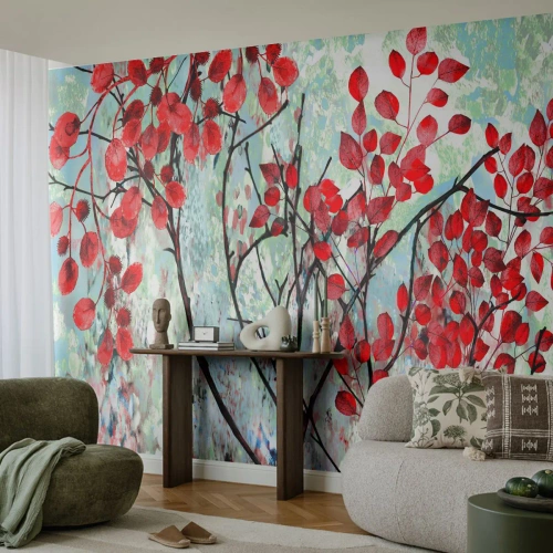 Fototapet Premium Canvas - Träd i scharlakansröd - Abstraktion, Röda löv, Gren - 350x256 cm