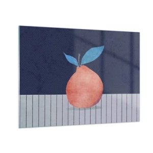 Glastavla - Bild på glas - En frukt med abstrakt form mot en geometrisk komposition - 70x50cm - Konvexitet och planhet - Modern väggdekoration för vardagsrum och sovrum ARTTOR