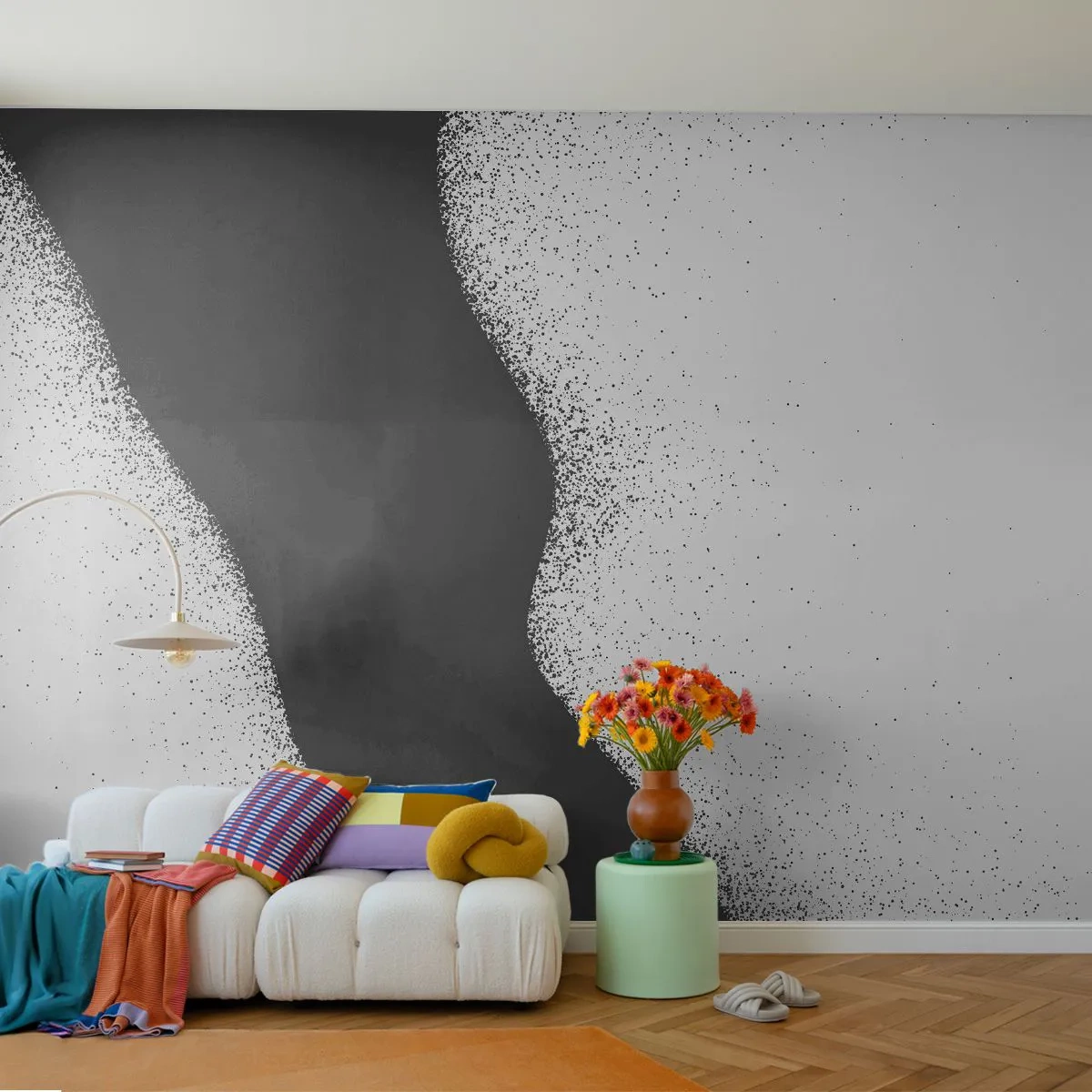 Fototapet Standard Eco - Minimalistisk abstraktion i svartvitt med en kornig effekt. - 100x70cm - Flytande balans - Modern väggdekoration för vardagsrum och sovrum ARTTOR