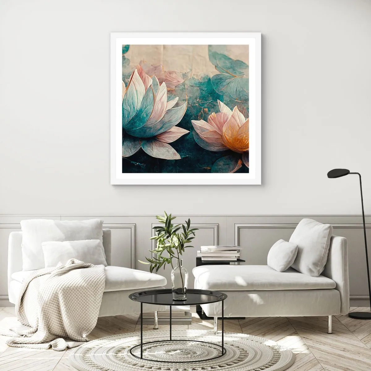 Affisch i vit ram - Stjärnor i en sjö - 50x50 cm