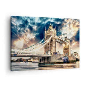Canvastavla - Bild på duk - Tower Bridge i skymningen mot en dynamisk himmel - 70x50cm - Monument över viktorianska imperiet - Modern väggdekoration för vardagsrum och sovrum ARTTOR