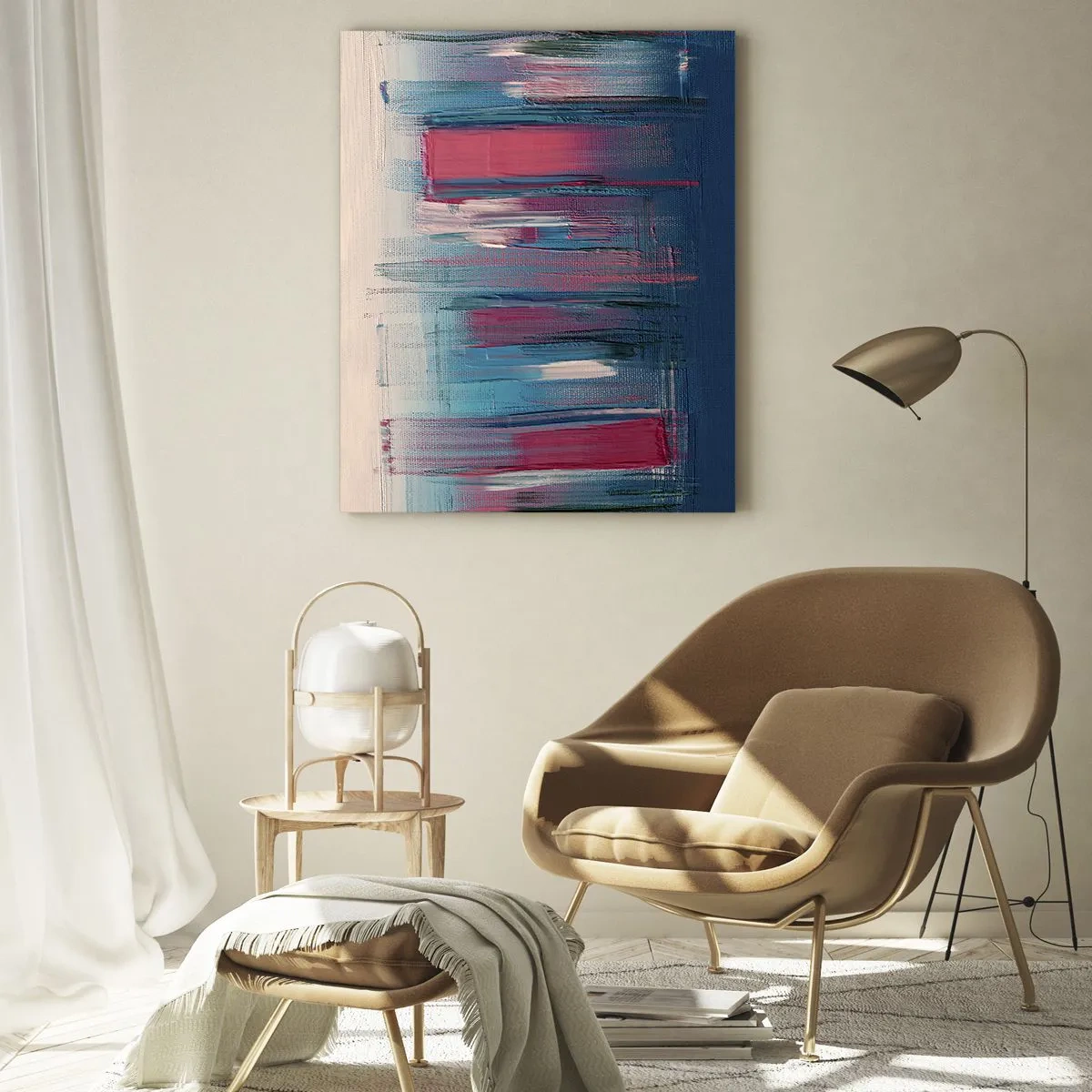 Glastavla - Bild på glas - Vertikal komposition i blått och rött - 50x70 cm