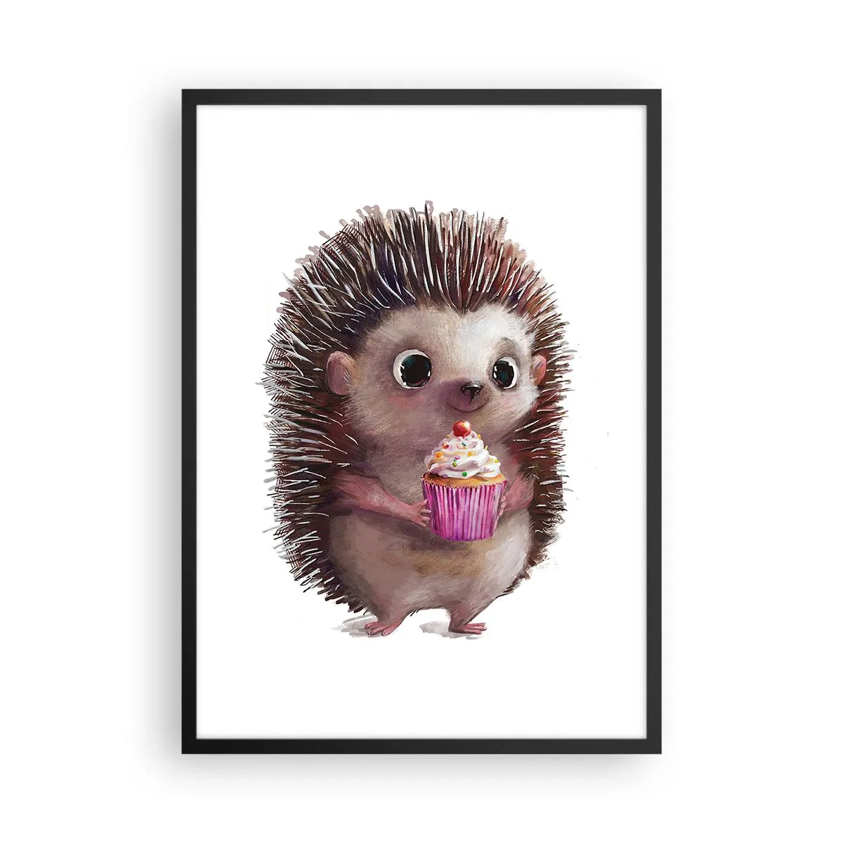 Affisch i svart ram - En söt igelkott som håller en färgglad muffin - 50x70cm - Varje dag är helgdag - Modern väggdekoration för vardagsrum och sovrum ARTTOR