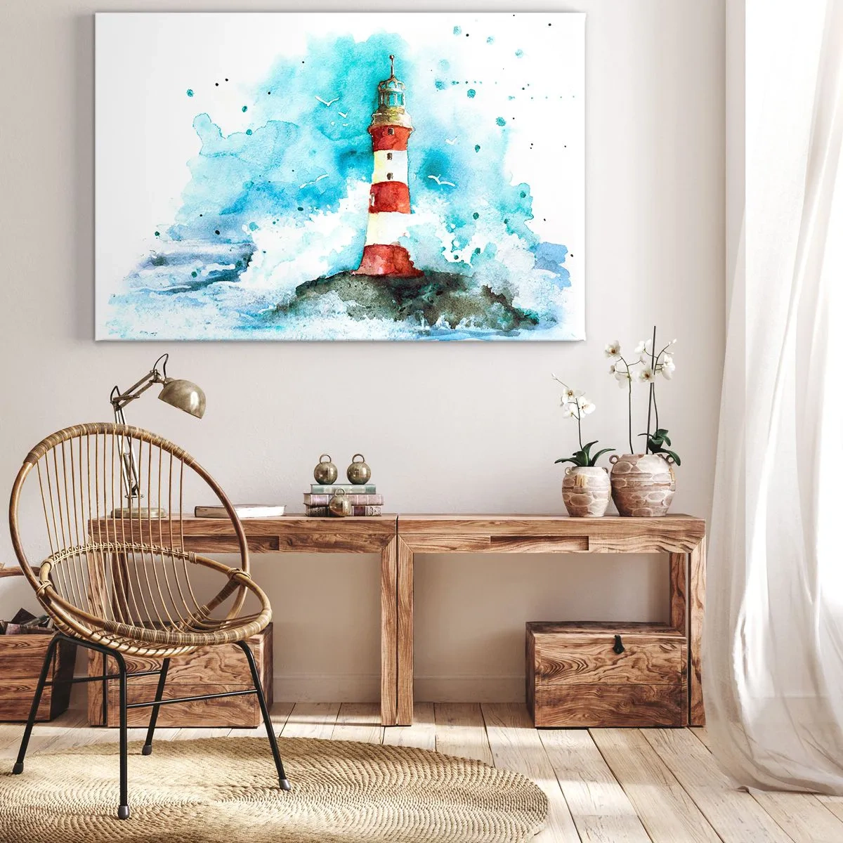 Canvastavla - Bild på duk - En fyr i akvarellmiljö med blå bakgrund - 70x50cm - Elementens enhet - Modern väggdekoration för vardagsrum och sovrum ARTTOR