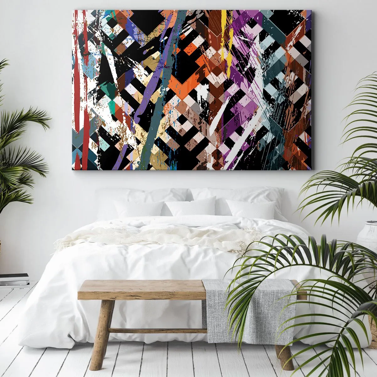 Canvastavla - Bild på duk - Abstrakt komposition med färgade linjer på svart bakgrund - 70x50cm - Kvadraten - Modern väggdekoration för vardagsrum och sovrum ARTTOR