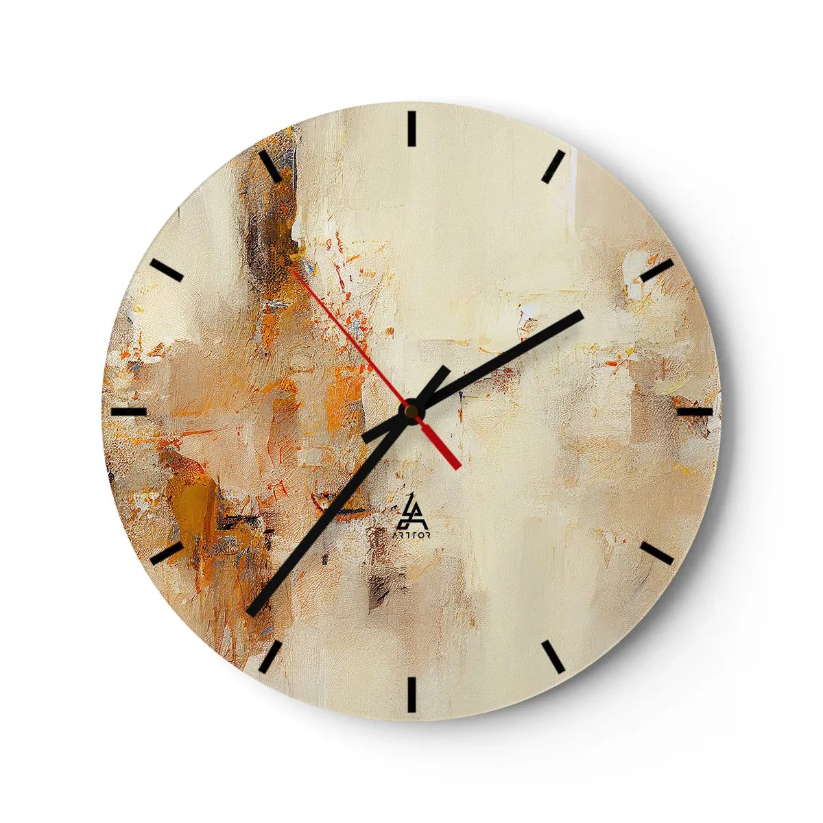 Väggklocka - Klocka på glas - En abstrakt komposition i nyanser av beige och orange. - 30x30cm - Bärnstenens själ - Modern väggdekoration för vardagsrum, kök och sovrum ARTTOR