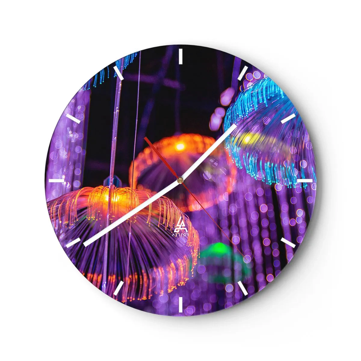 Väggklocka - Klocka på glas - Färgglada ljus som liknar maneter i ett neonljus - 30x30cm - Lysande fontän - Modern väggdekoration för vardagsrum, kök och sovrum ARTTOR