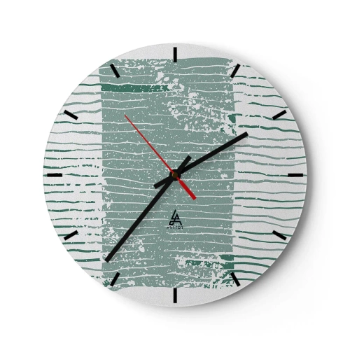 Väggklocka - Klocka på glas - En grafisk komposition med horisontella linjer i nyanser av havsgrönt. - 30x30cm - Marin abstraktion - Modern väggdekoration för vardagsrum, kök och sovrum ARTTOR