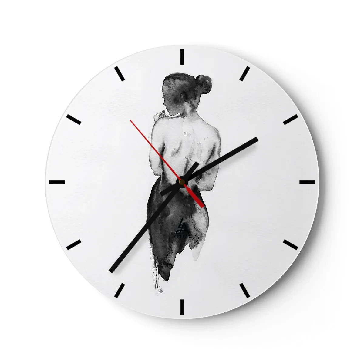 Väggklocka - Klocka på glas - Svartvit silhuett av en kvinna med ryggen exponerad - 30x30cm - Världen försvinner i hennes närvaro - Modern väggdekoration för vardagsrum, kök och sovrum ARTTOR