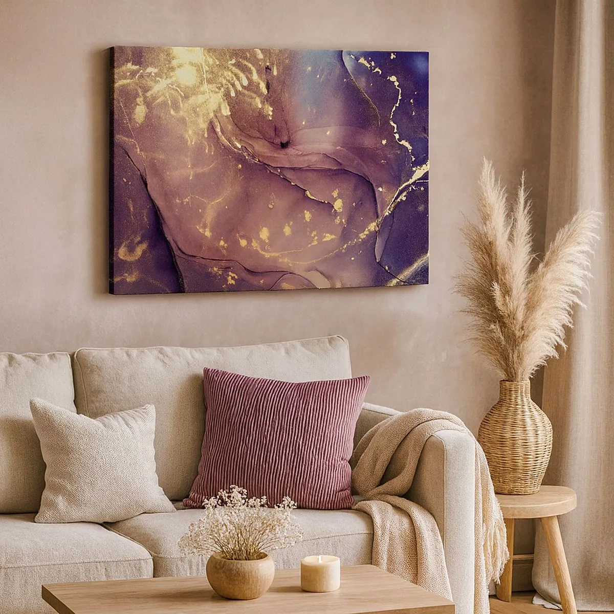 Canvastavla - Bild på duk - Abstrakt komposition med nyanser av guld och lila - 70x50cm - Materia och ande - Modern väggdekoration för vardagsrum och sovrum ARTTOR