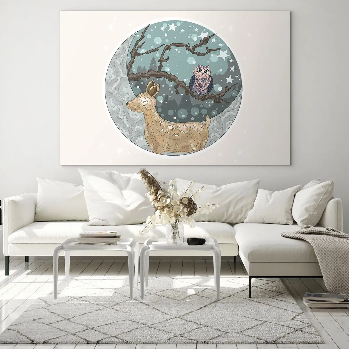Glastavla - Bild på glas - Illustration av en hjort och en uggla i en magisk miljö - 70x50cm - Sagolik skogsnatt - Modern väggdekoration för vardagsrum och sovrum ARTTOR