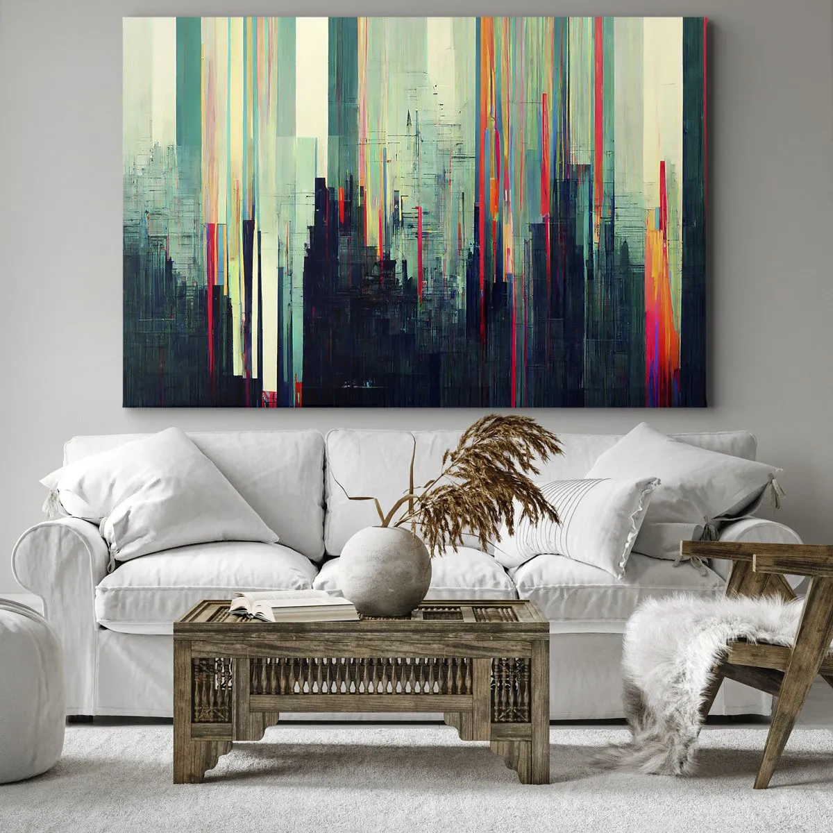 Canvastavla - Bild på duk - Abstraktion med vertikala linjer och en stadssilhuett - 70x50cm - Futuristisk stad - Modern väggdekoration för vardagsrum och sovrum ARTTOR