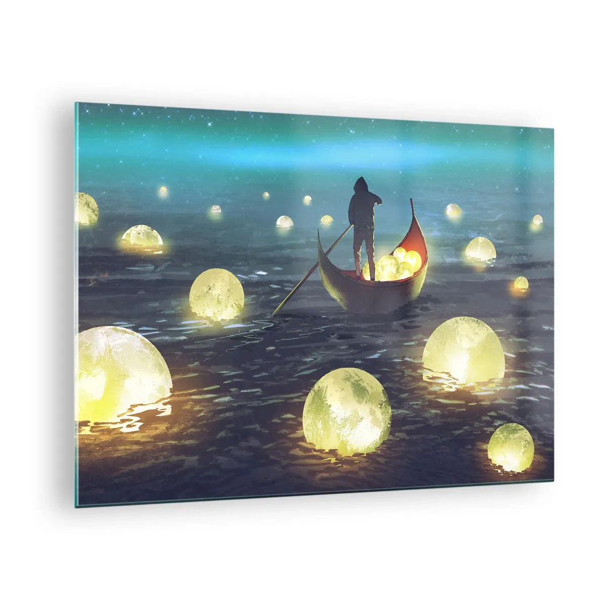 Glastavla - Bild på glas - En båt med lyktor på vattnet i ett surrealistiskt landskap - 70x50cm - Saker som filosoferna inte drömt om - Modern väggdekoration för vardagsrum och sovrum ARTTOR
