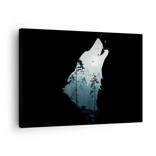 Canvastavla - Bild på duk - Silhuett av en varg med en skog och måne i bakgrunden - 70x50cm - Skogsnattens röst - Modern väggdekoration för vardagsrum och sovrum ARTTOR