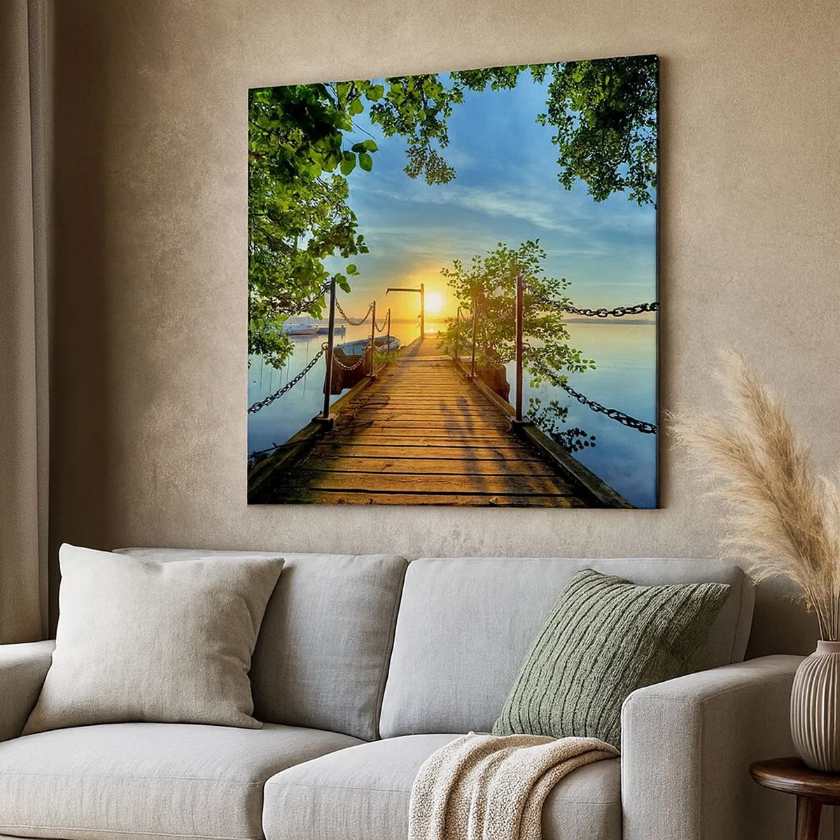 Canvastavla - Bild på duk - Solnedgång vid vatten - 30x30 cm