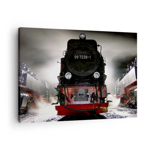 Canvastavla - Bild på duk - Ett ånglok omgivet av ånga mot en mörk himmel i en atmosfärisk miljö - 70x50cm - Står och stjäler, andas och blåser - Modern väggdekoration för vardagsrum och sovrum ARTTOR