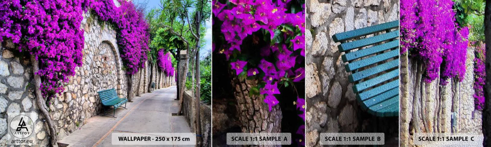 Provbit av fototapet Premium Sand - Låt oss träffas snarast möjligt - Stad, Blommor, Italien - 100x30 cm