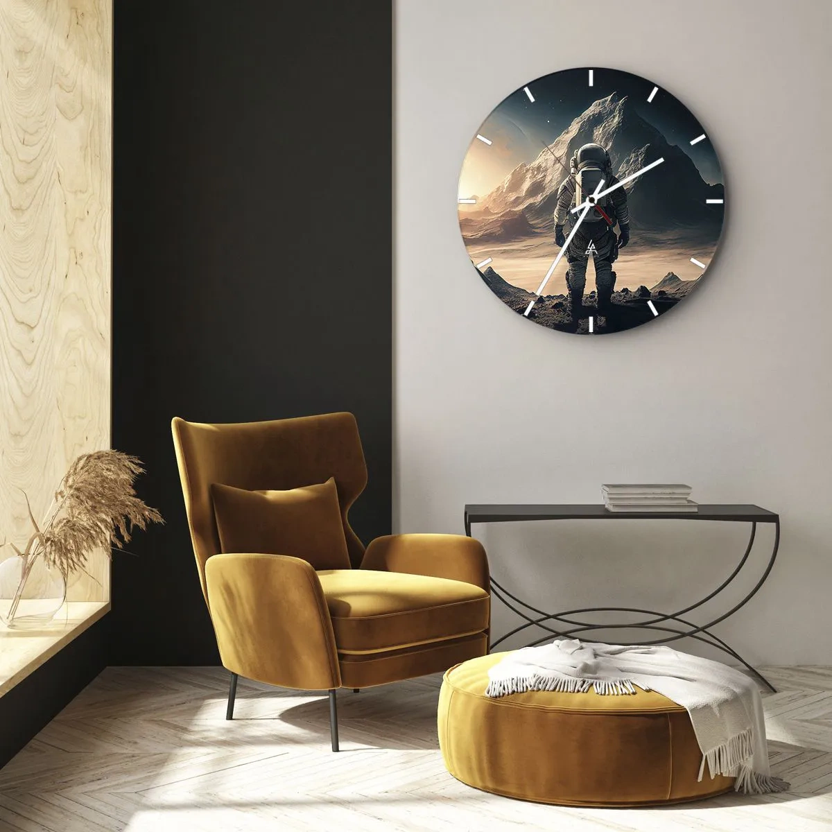 Väggklocka - Klocka på glas - En astronaut som tittar på ett rymdlandskap med ett berg - 30x30cm - En ny utmaning - Modern väggdekoration för vardagsrum, kök och sovrum ARTTOR