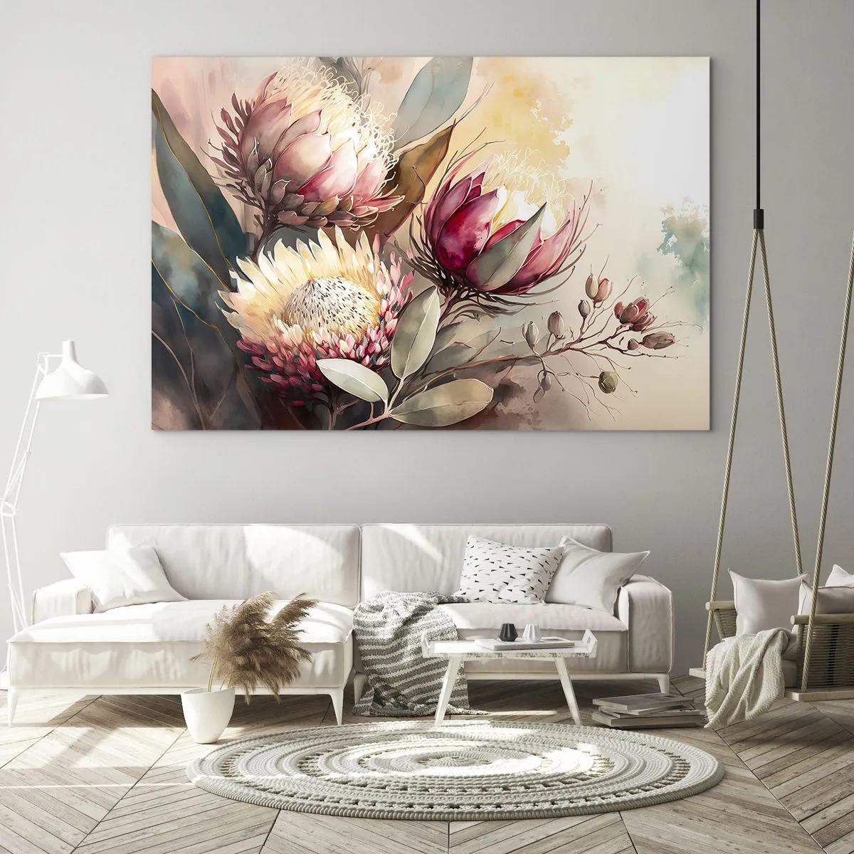 Glastavla - Bild på glas - Proteablommor i pastellfärger på en konstnärlig bakgrund - 70x50cm - Från profil och en face - Modern väggdekoration för vardagsrum och sovrum ARTTOR