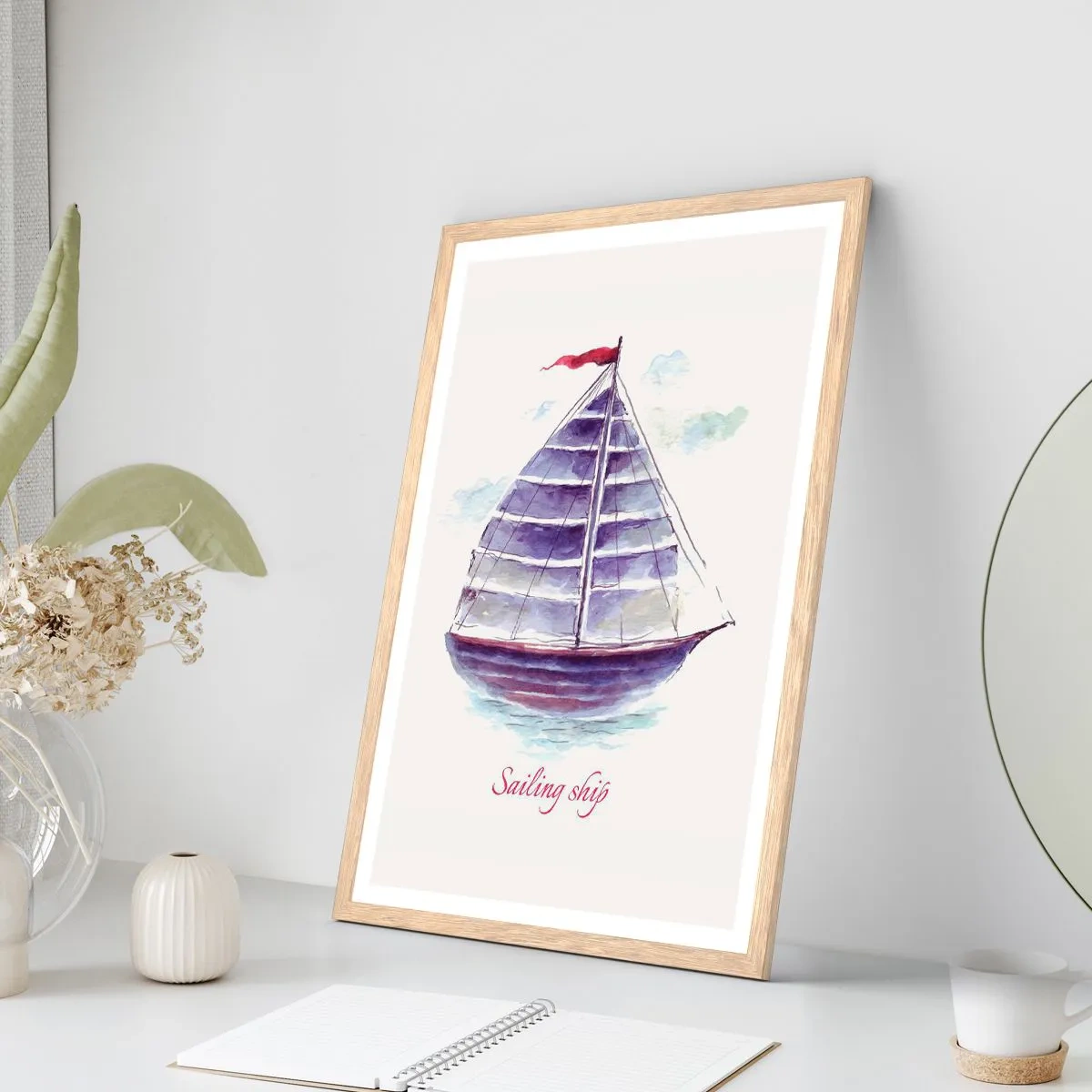 Affisch i ram av ljusek - Fulla seglar och lugnt vatten - 50x70 cm