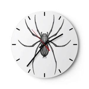 Väggklocka - Klocka på glas - Svartvit illustration av en spindel på vit bakgrund - 30x30cm - Oroväckande precision - Modern väggdekoration för vardagsrum, kök och sovrum ARTTOR